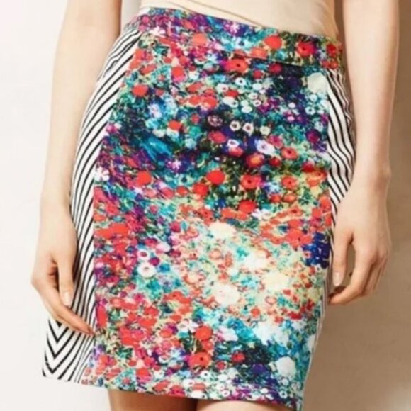 Tabitha | Anthropologie Floral Striped Meadow Pencil Skirt Red Motif | Size 4 - Picture 1 of 10